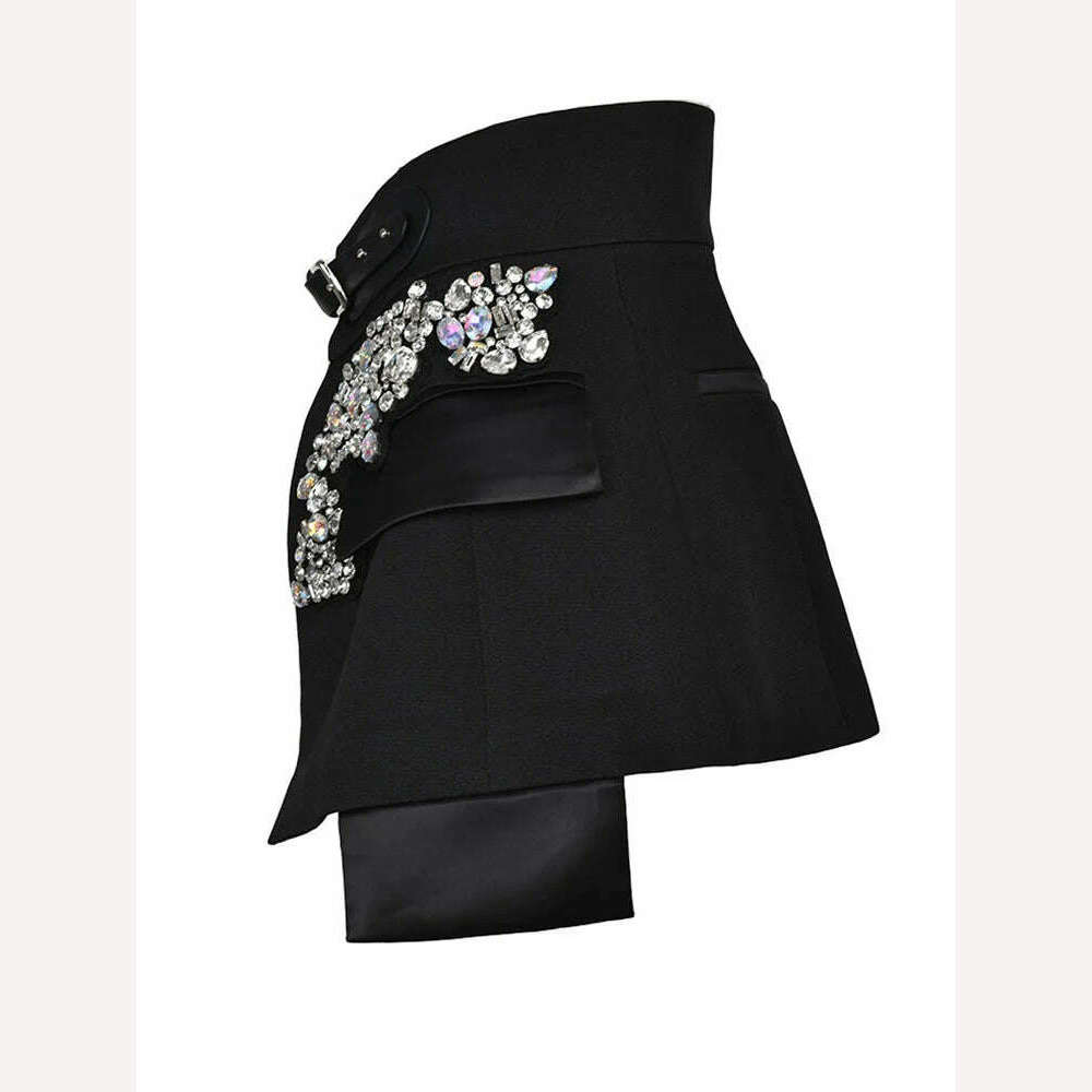KIMLUD, EAM Black Irregular Rhinestones Belted Mini Half-body Skirt High Waist Women Fashion Tide New Spring Autumn 2024 JY75801, KIMLUD Womens Clothes