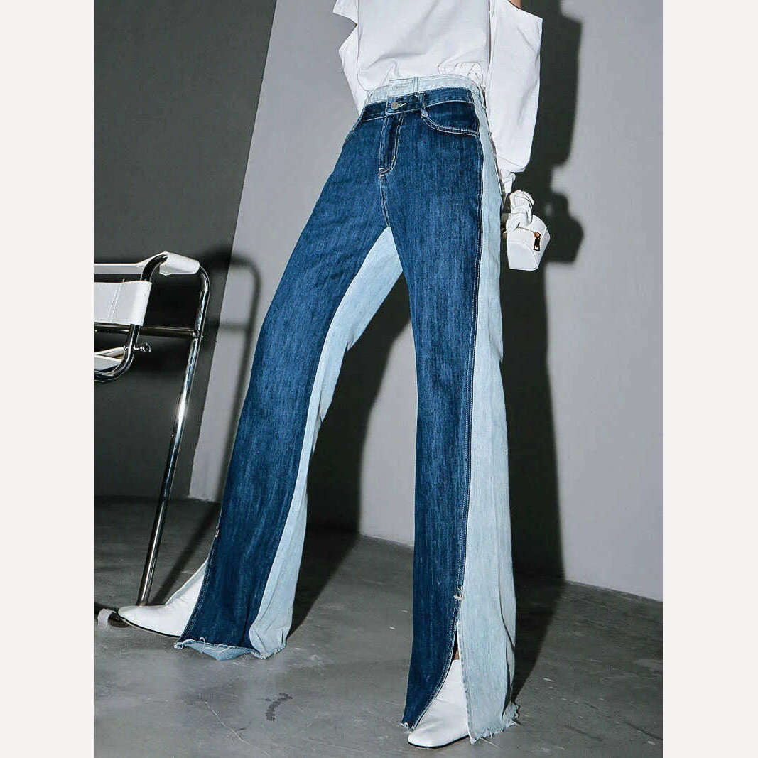 KIMLUD, [EAM] Blue Contrast Color Split Joint Long Wide Leg Jeans New High Waist Loose Women Trousers Fashion Spring Autumn 2024 1T276, KIMLUD Womens Clothes