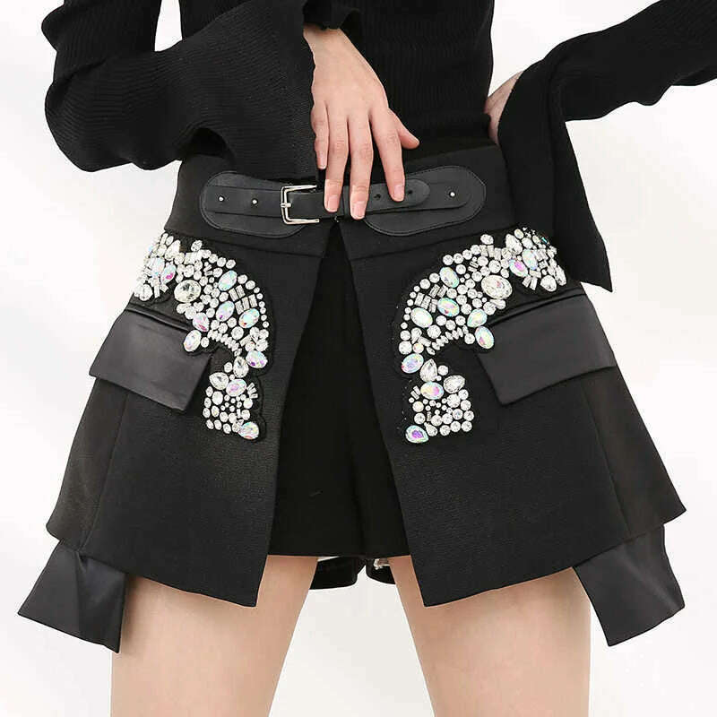 KIMLUD, [EAM] High Waist Rhinestones Irregular Temperament Mini Half-body Skirt Women Fashion Tide New Spring Autumn 2024 JY75801, KIMLUD Womens Clothes