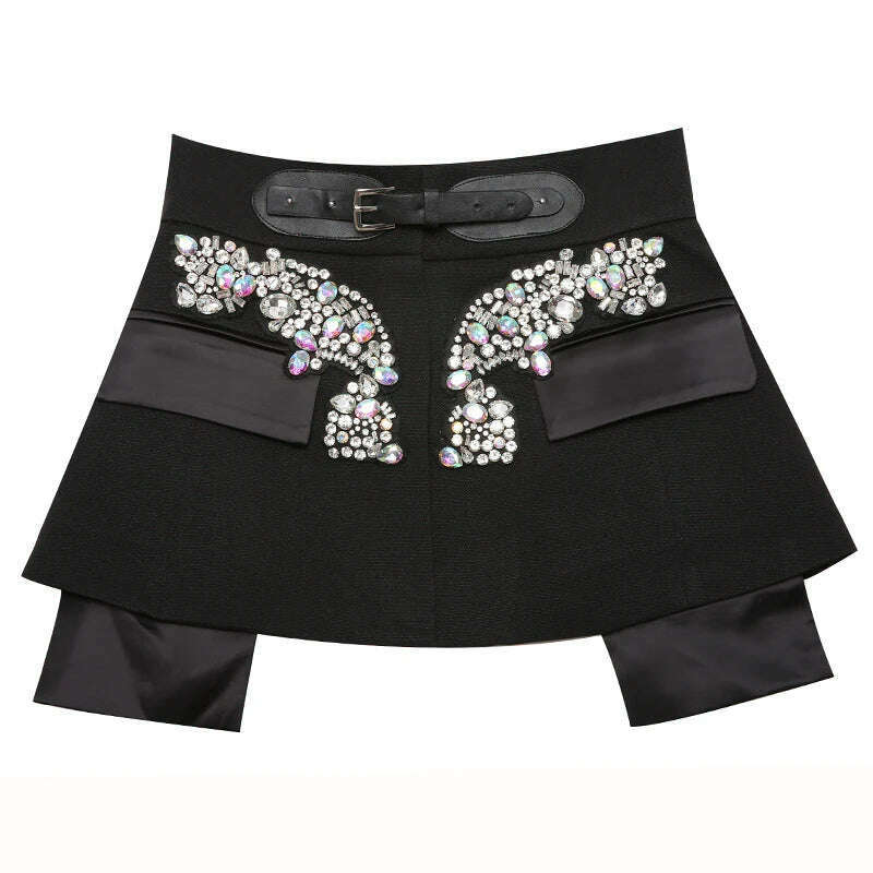 KIMLUD, [EAM] High Waist Rhinestones Irregular Temperament Mini Half-body Skirt Women Fashion Tide New Spring Autumn 2024 JY75801, black / S, KIMLUD Women's Clothes