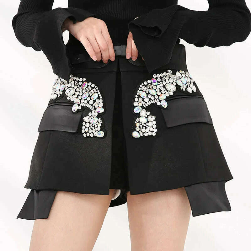KIMLUD, [EAM] High Waist Rhinestones Irregular Temperament Mini Half-body Skirt Women Fashion Tide New Spring Autumn 2024 JY75801, KIMLUD Womens Clothes