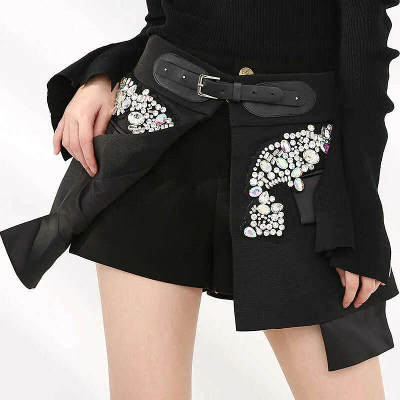 KIMLUD, [EAM] High Waist Rhinestones Irregular Temperament Mini Half-body Skirt Women Fashion Tide New Spring Autumn 2024 JY75801, black / S, KIMLUD Womens Clothes