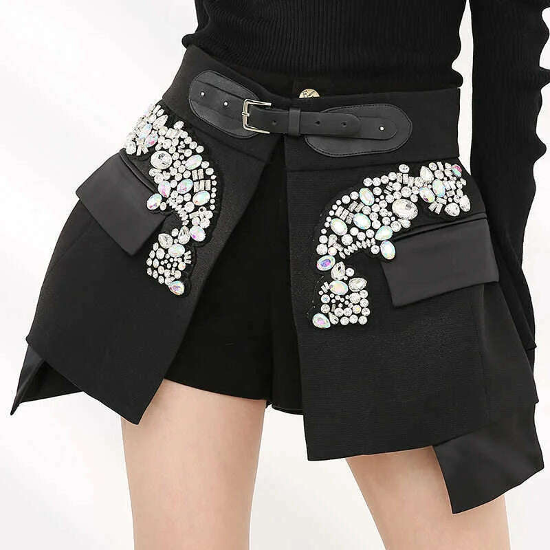 KIMLUD, [EAM] High Waist Rhinestones Irregular Temperament Mini Half-body Skirt Women Fashion Tide New Spring Autumn 2024 JY75801, KIMLUD Womens Clothes