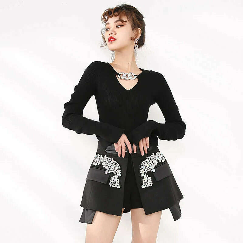 KIMLUD, [EAM] High Waist Rhinestones Irregular Temperament Mini Half-body Skirt Women Fashion Tide New Spring Autumn 2024 JY75801, KIMLUD Womens Clothes