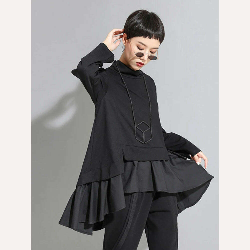 [EAM] Loose Fit Asymmetrical Ruffles Sweatshirt New High Collar Long Sleeve Women Big Size Fashion Tide Spring Autumn 2022 1A529 - KIMLUD