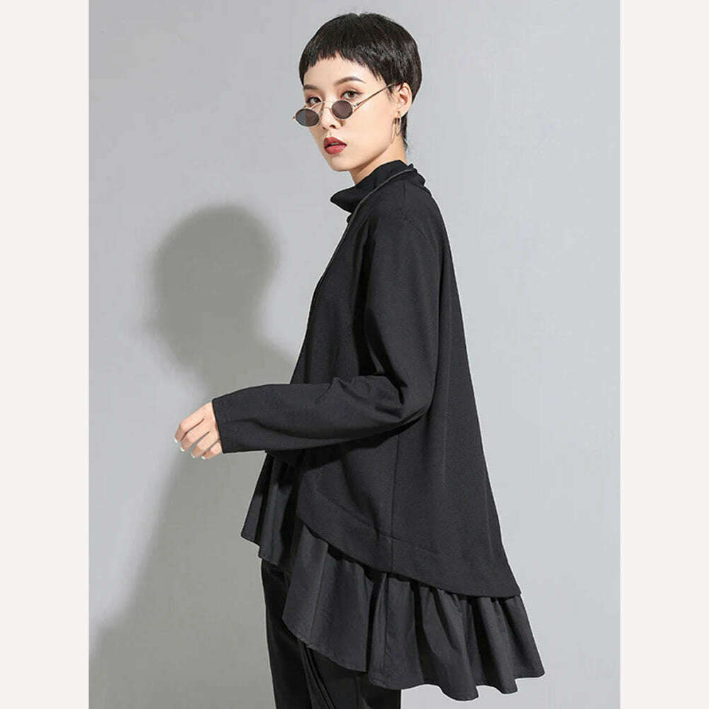 [EAM] Loose Fit Asymmetrical Ruffles Sweatshirt New High Collar Long Sleeve Women Big Size Fashion Tide Spring Autumn 2022 1A529 - KIMLUD