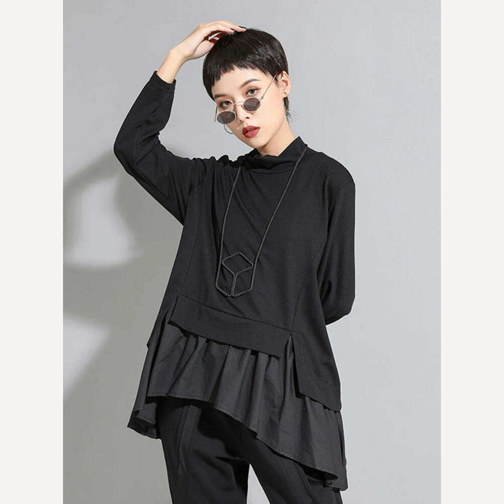 [EAM] Loose Fit Asymmetrical Ruffles Sweatshirt New High Collar Long Sleeve Women Big Size Fashion Tide Spring Autumn 2022 1A529 - KIMLUD