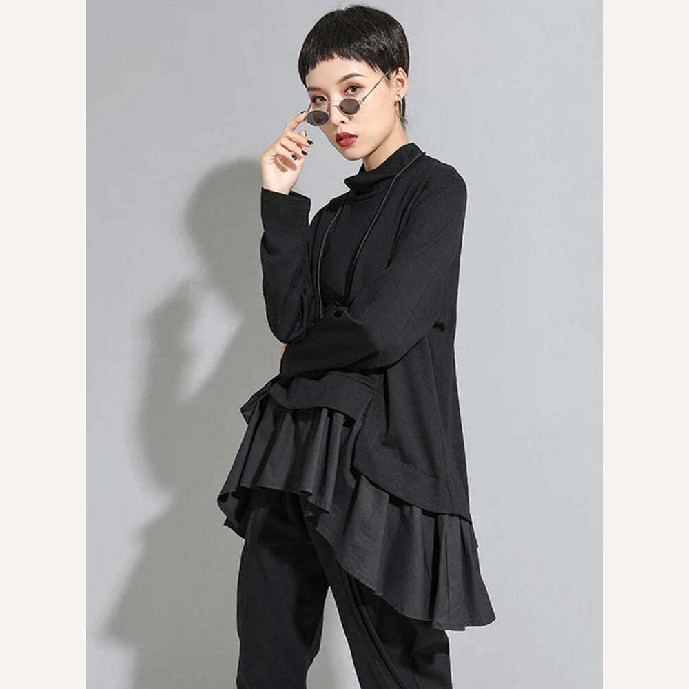[EAM] Loose Fit Asymmetrical Ruffles Sweatshirt New High Collar Long Sleeve Women Big Size Fashion Tide Spring Autumn 2022 1A529 - KIMLUD