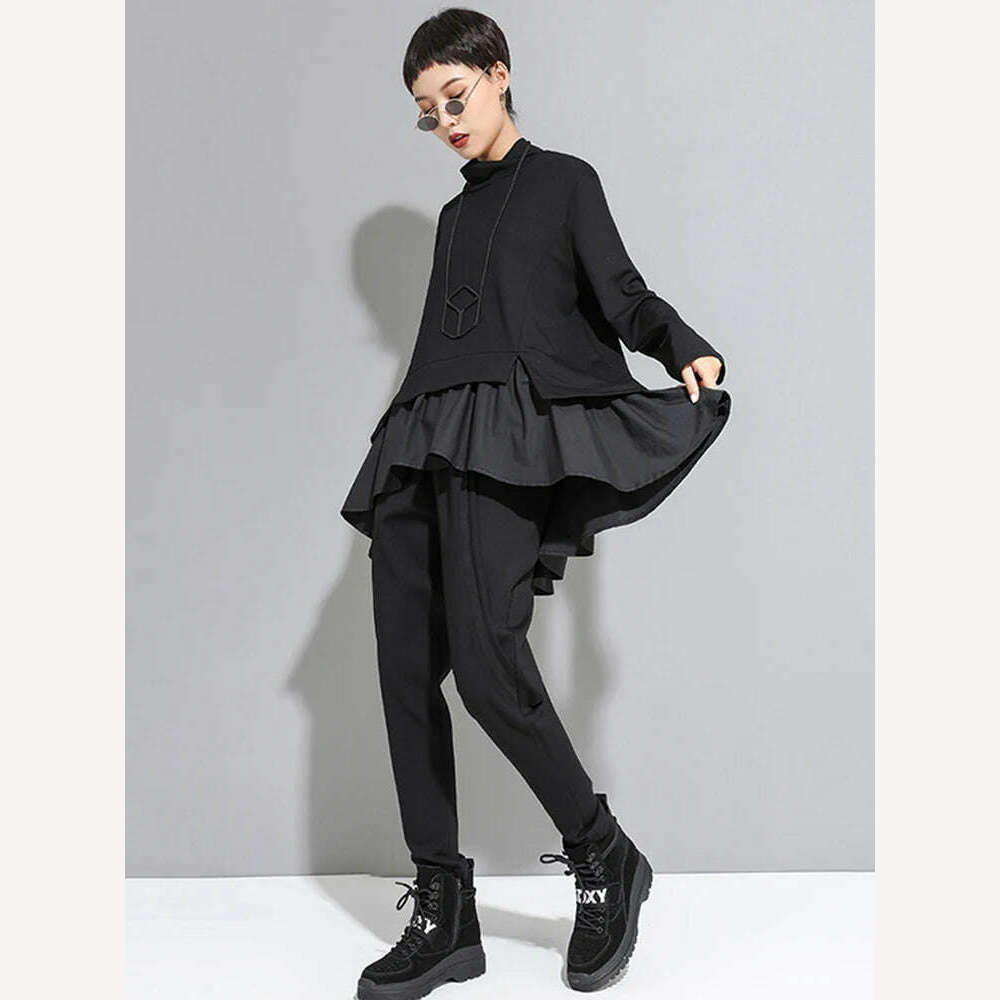 [EAM] Loose Fit Asymmetrical Ruffles Sweatshirt New High Collar Long Sleeve Women Big Size Fashion Tide Spring Autumn 2022 1A529 - KIMLUD