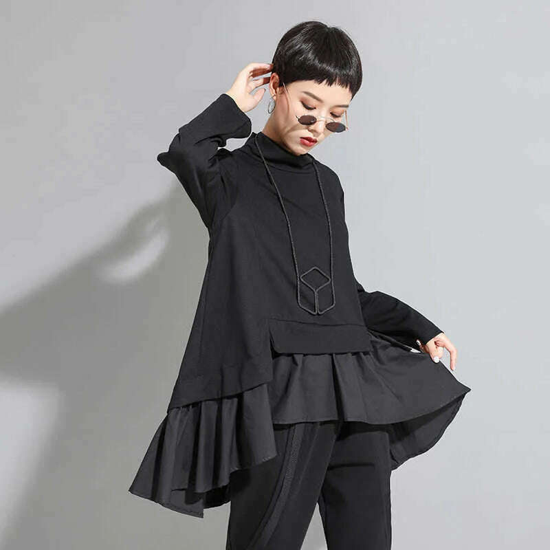 [EAM] Loose Fit Asymmetrical Ruffles Sweatshirt New High Collar Long Sleeve Women Big Size Fashion Tide Spring Autumn 2022 1A529 - KIMLUD