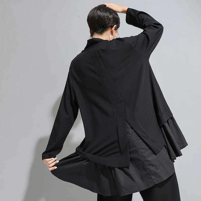 [EAM] Loose Fit Asymmetrical Ruffles Sweatshirt New High Collar Long Sleeve Women Big Size Fashion Tide Spring Autumn 2022 1A529 - KIMLUD