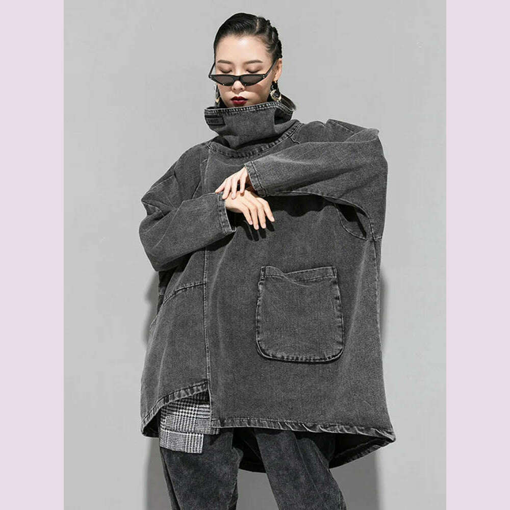 [EAM] Loose Fit Black Denim Big Size Sweatshirt New High Collar Long Sleeve Women Big Size Fashion Spring Autumn 2024 1K166 - KIMLUD