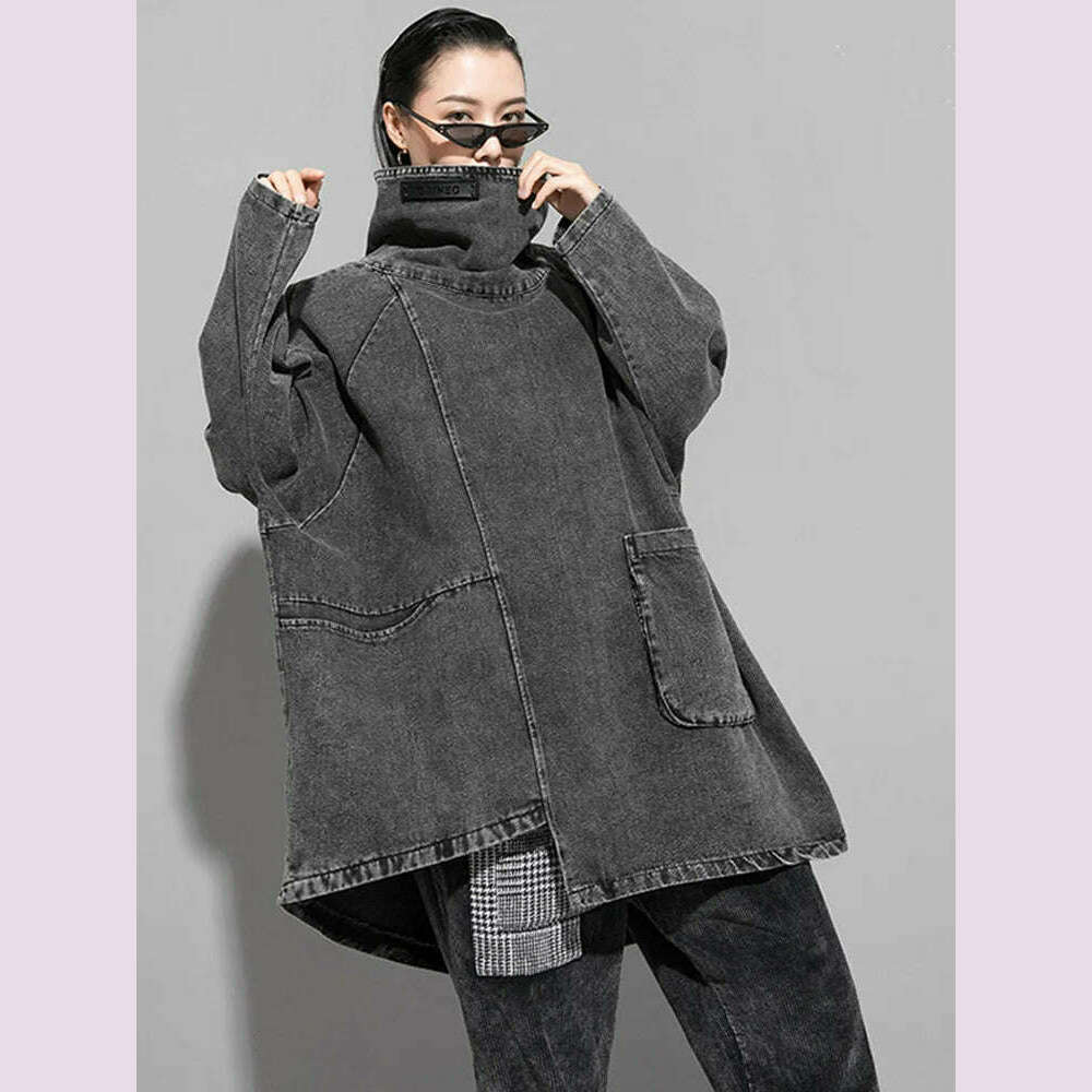 [EAM] Loose Fit Black Denim Big Size Sweatshirt New High Collar Long Sleeve Women Big Size Fashion Spring Autumn 2024 1K166 - KIMLUD