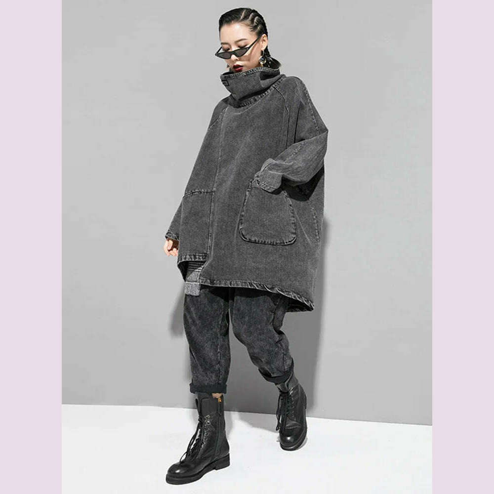 [EAM] Loose Fit Black Denim Big Size Sweatshirt New High Collar Long Sleeve Women Big Size Fashion Spring Autumn 2024 1K166 - KIMLUD
