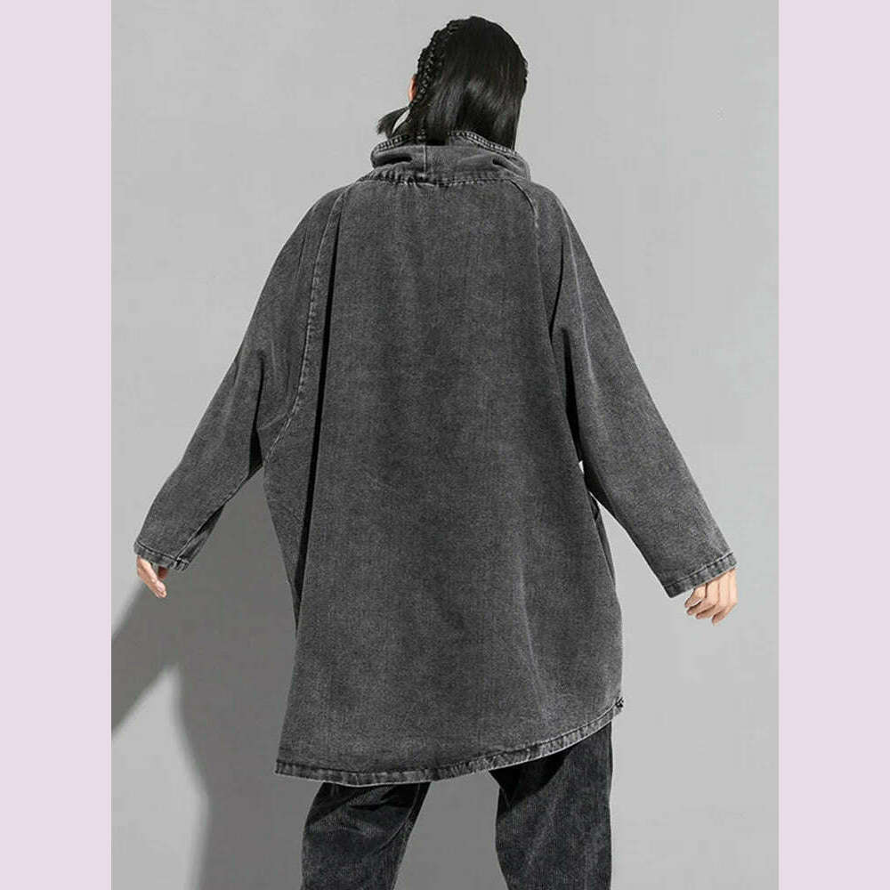 [EAM] Loose Fit Black Denim Big Size Sweatshirt New High Collar Long Sleeve Women Big Size Fashion Spring Autumn 2024 1K166 - KIMLUD
