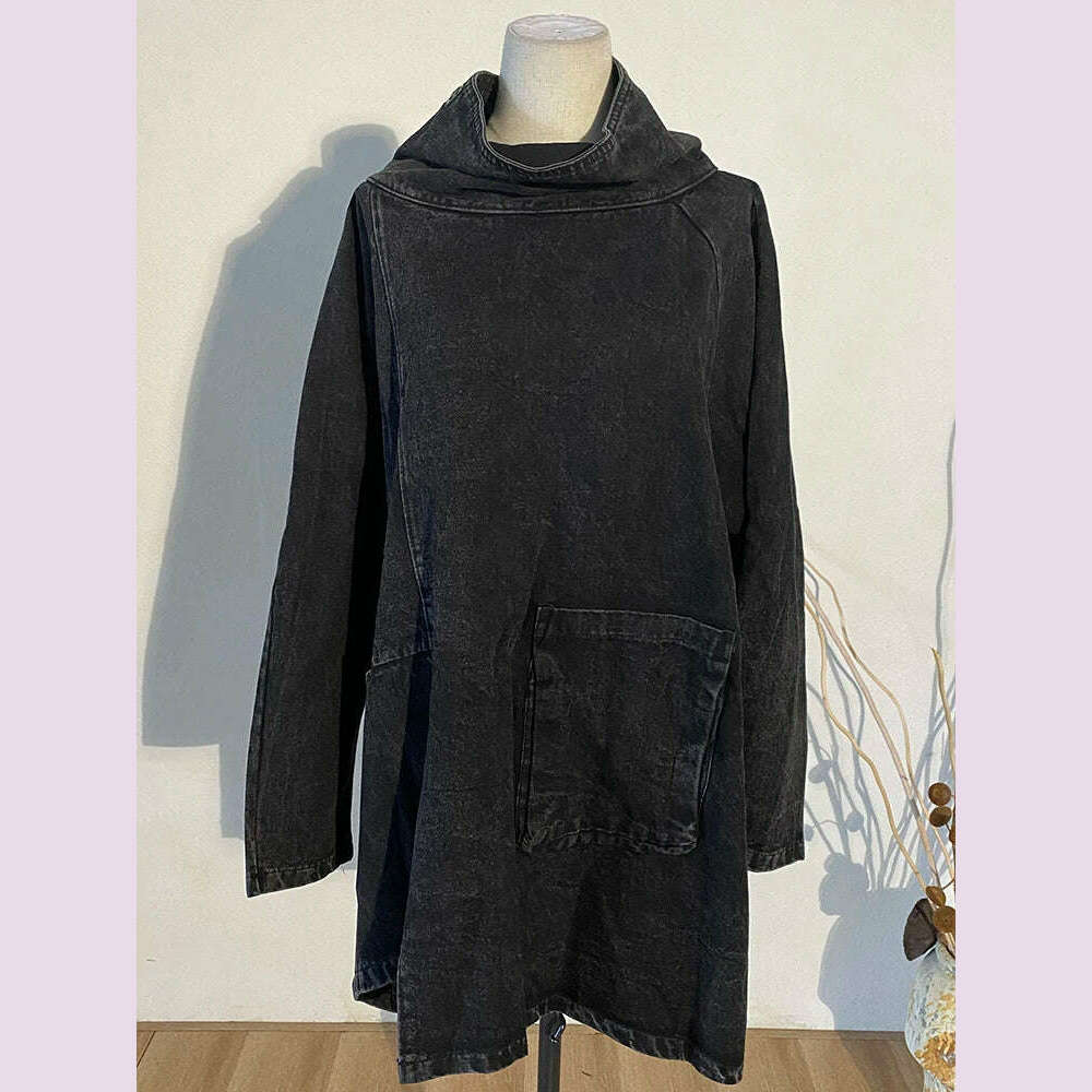 [EAM] Loose Fit Black Denim Big Size Sweatshirt New High Collar Long Sleeve Women Big Size Fashion Spring Autumn 2024 1K166 - KIMLUD