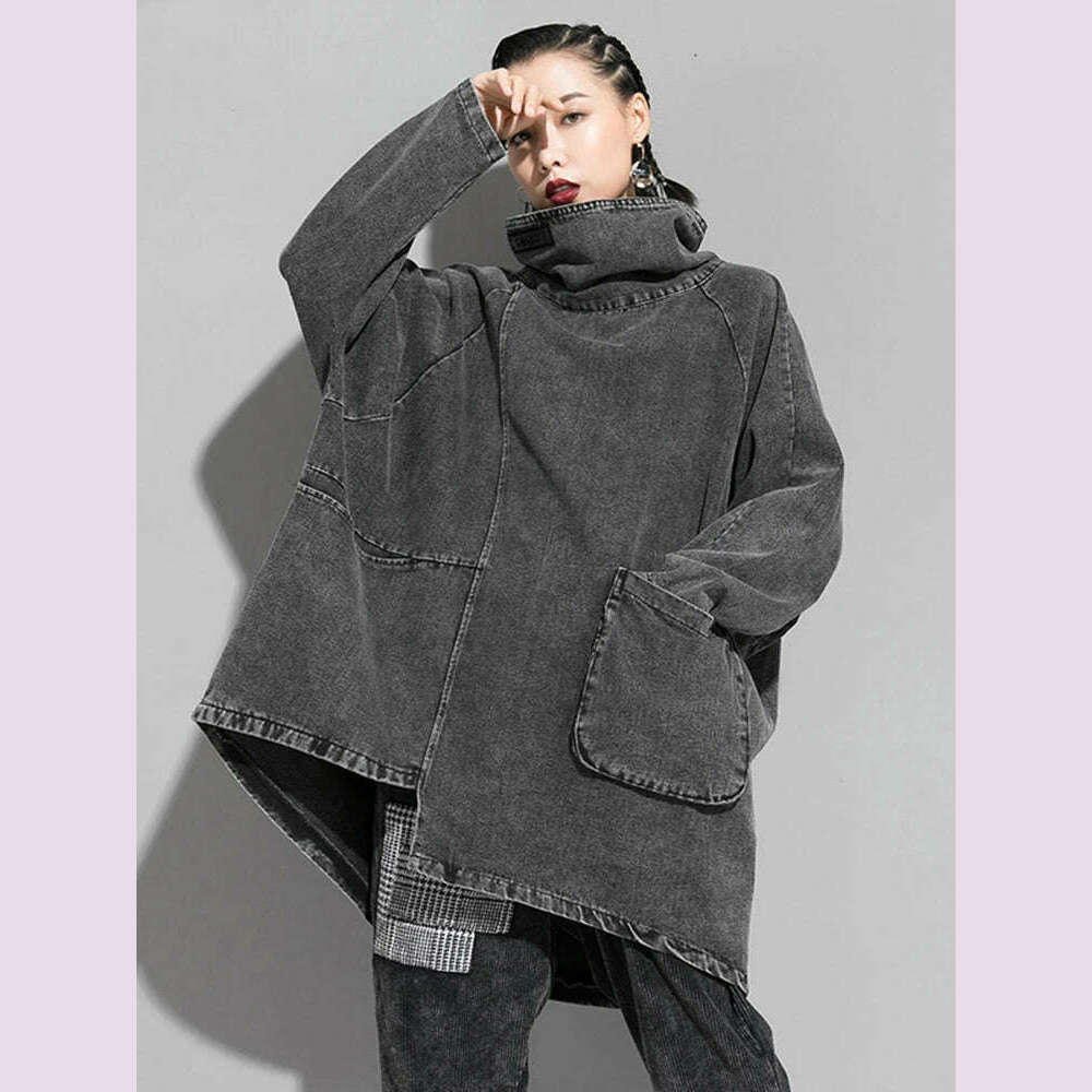 [EAM] Loose Fit Black Denim Big Size Sweatshirt New High Collar Long Sleeve Women Big Size Fashion Spring Autumn 2024 1K166 - KIMLUD