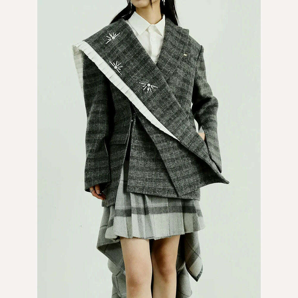 KIMLUD, [EAM] Loose Fit Gray Plaid Nailed Big Size Woolen Coat Parkas New Long Sleeve Women Fashion Tide Autumn Winter 2024 1DF4036, KIMLUD Womens Clothes
