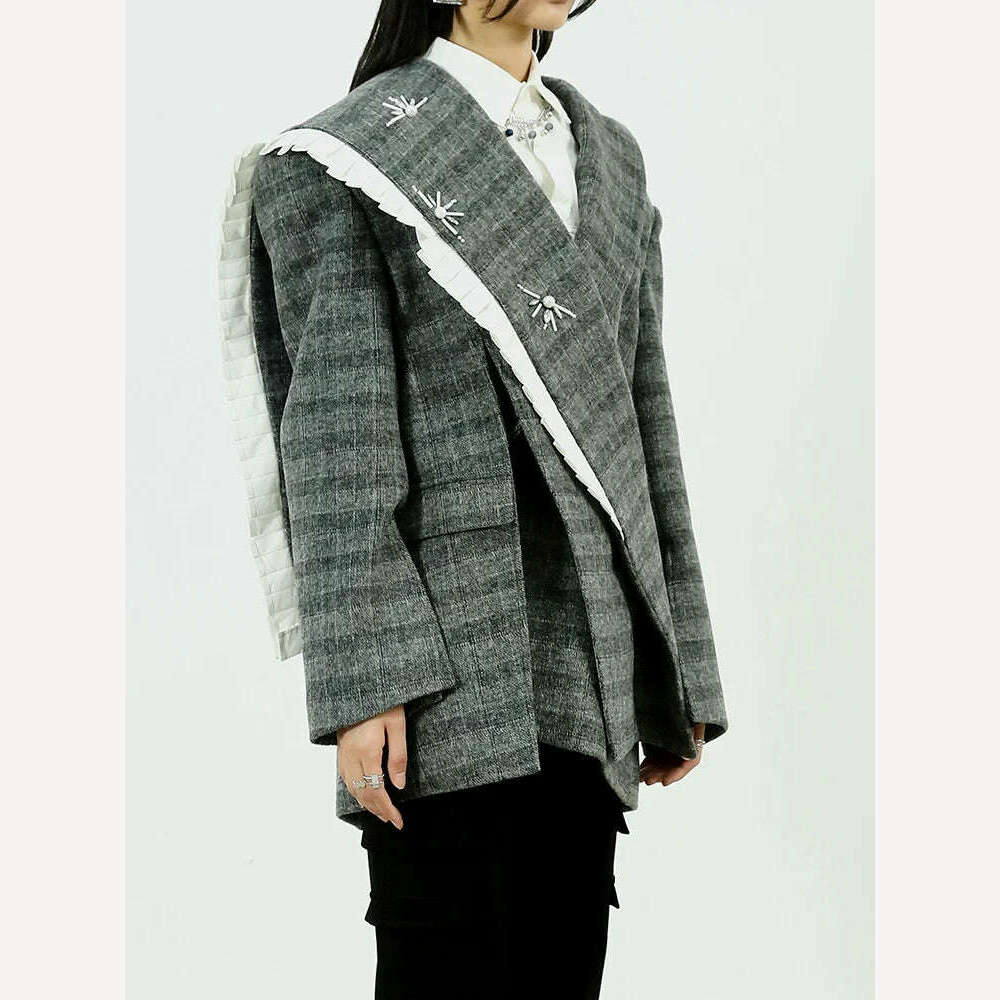 KIMLUD, [EAM] Loose Fit Gray Plaid Nailed Big Size Woolen Coat Parkas New Long Sleeve Women Fashion Tide Autumn Winter 2024 1DF4036, KIMLUD Womens Clothes