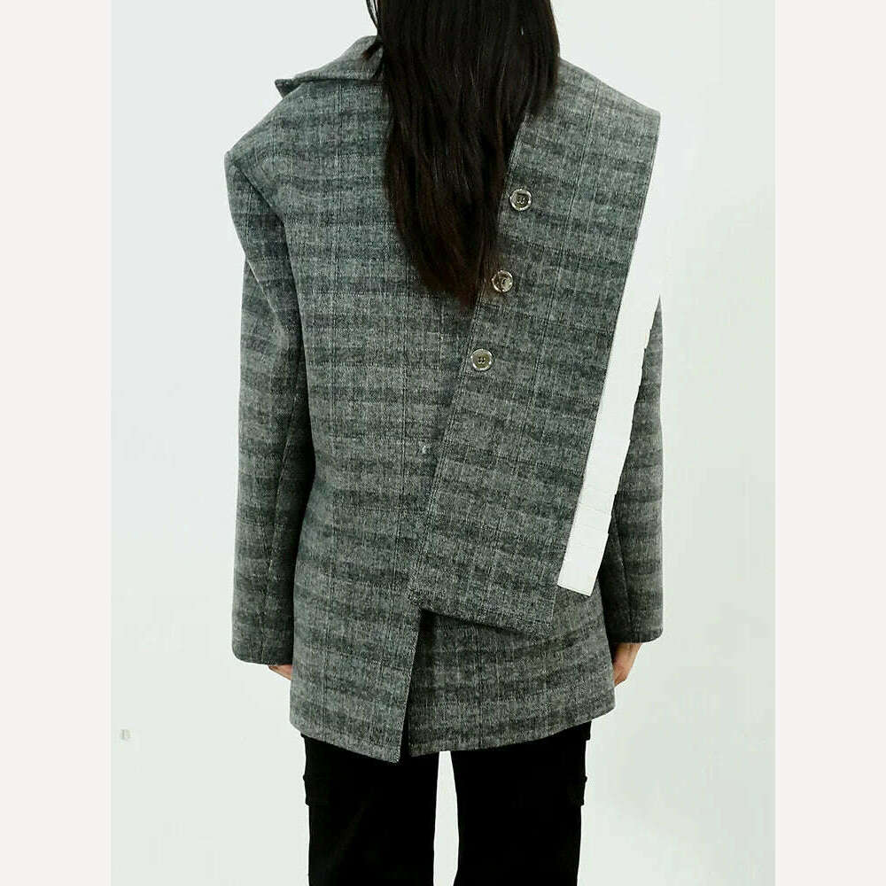 KIMLUD, [EAM] Loose Fit Gray Plaid Nailed Big Size Woolen Coat Parkas New Long Sleeve Women Fashion Tide Autumn Winter 2024 1DF4036, KIMLUD Womens Clothes
