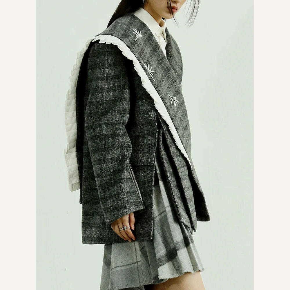 KIMLUD, [EAM] Loose Fit Gray Plaid Nailed Big Size Woolen Coat Parkas New Long Sleeve Women Fashion Tide Autumn Winter 2024 1DF4036, KIMLUD Womens Clothes