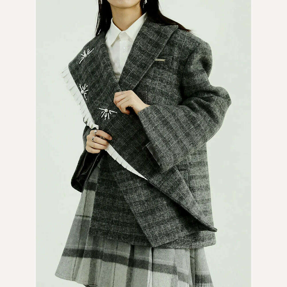 KIMLUD, [EAM] Loose Fit Gray Plaid Nailed Big Size Woolen Coat Parkas New Long Sleeve Women Fashion Tide Autumn Winter 2024 1DF4036, KIMLUD Womens Clothes