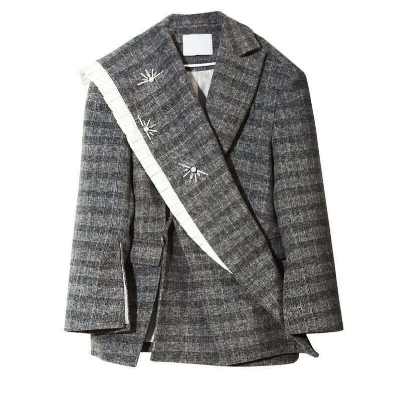 KIMLUD, [EAM] Loose Fit Gray Plaid Nailed Big Size Woolen Coat Parkas New Long Sleeve Women Fashion Tide Autumn Winter 2024 1DF4036, gray / S, KIMLUD APPAREL - Womens Clothes