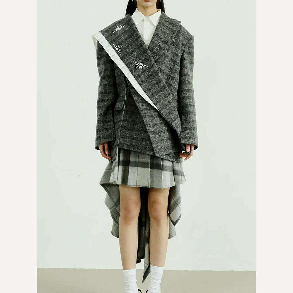 KIMLUD, [EAM] Loose Fit Gray Plaid Nailed Big Size Woolen Coat Parkas New Long Sleeve Women Fashion Tide Autumn Winter 2024 1DF4036, KIMLUD Womens Clothes