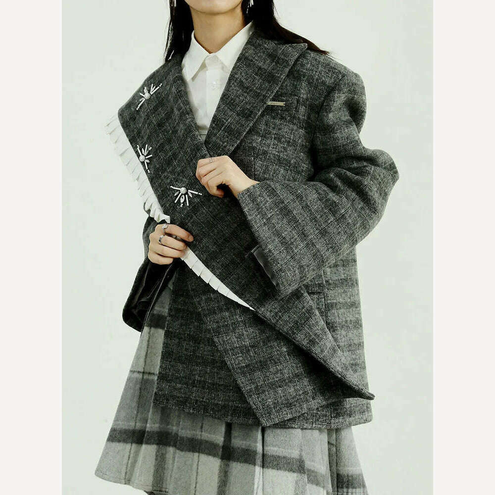 KIMLUD, [EAM] Loose Fit Gray Plaid Nailed Big Size Woolen Coat Parkas New Long Sleeve Women Fashion Tide Autumn Winter 2024 1DF4036, KIMLUD Womens Clothes