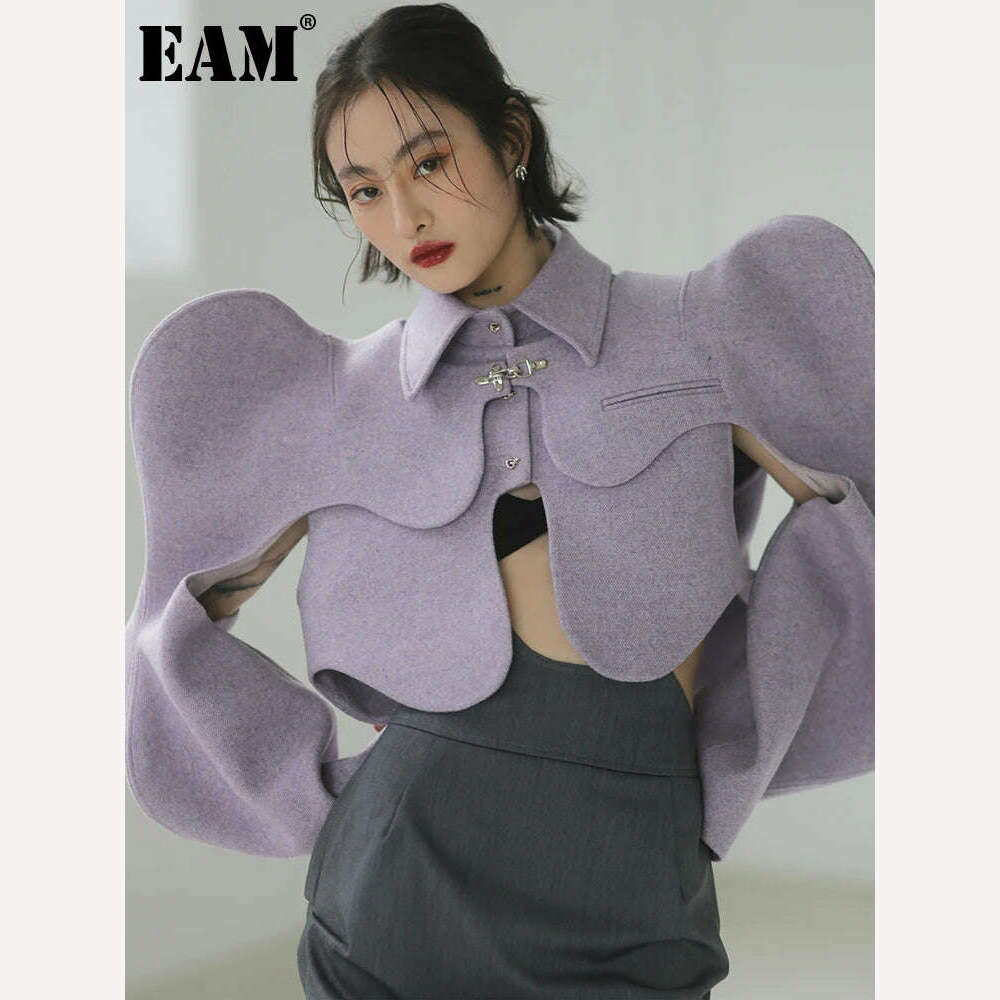 KIMLUD, [EAM] Loose Fit Purple Shaped Big Size Short Woolen Coat Parkas New Long Sleeve Women Fashion Tide Autumn Winter 2023 1DE4857, KIMLUD Womens Clothes