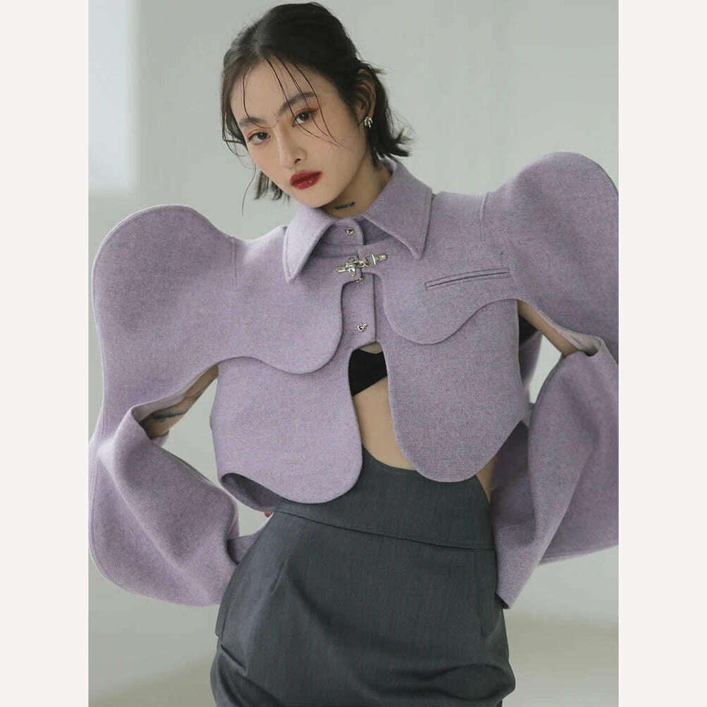 KIMLUD, [EAM] Loose Fit Purple Shaped Big Size Short Woolen Coat Parkas New Long Sleeve Women Fashion Tide Autumn Winter 2023 1DE4857, Light Purple coat / S, KIMLUD APPAREL - Womens Clothes