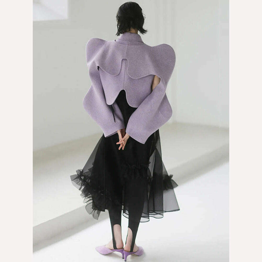 KIMLUD, [EAM] Loose Fit Purple Shaped Big Size Short Woolen Coat Parkas New Long Sleeve Women Fashion Tide Autumn Winter 2023 1DE4857, KIMLUD Womens Clothes