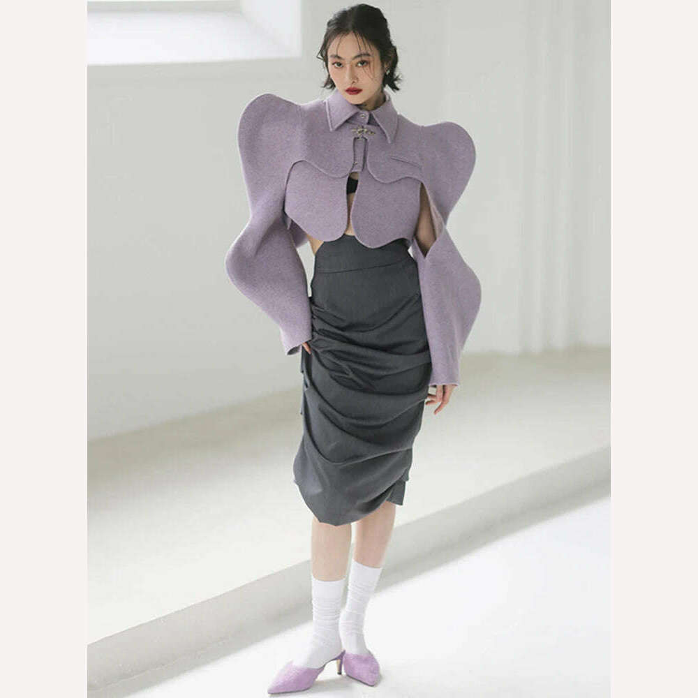 KIMLUD, [EAM] Loose Fit Purple Shaped Big Size Short Woolen Coat Parkas New Long Sleeve Women Fashion Tide Autumn Winter 2023 1DE4857, KIMLUD Womens Clothes