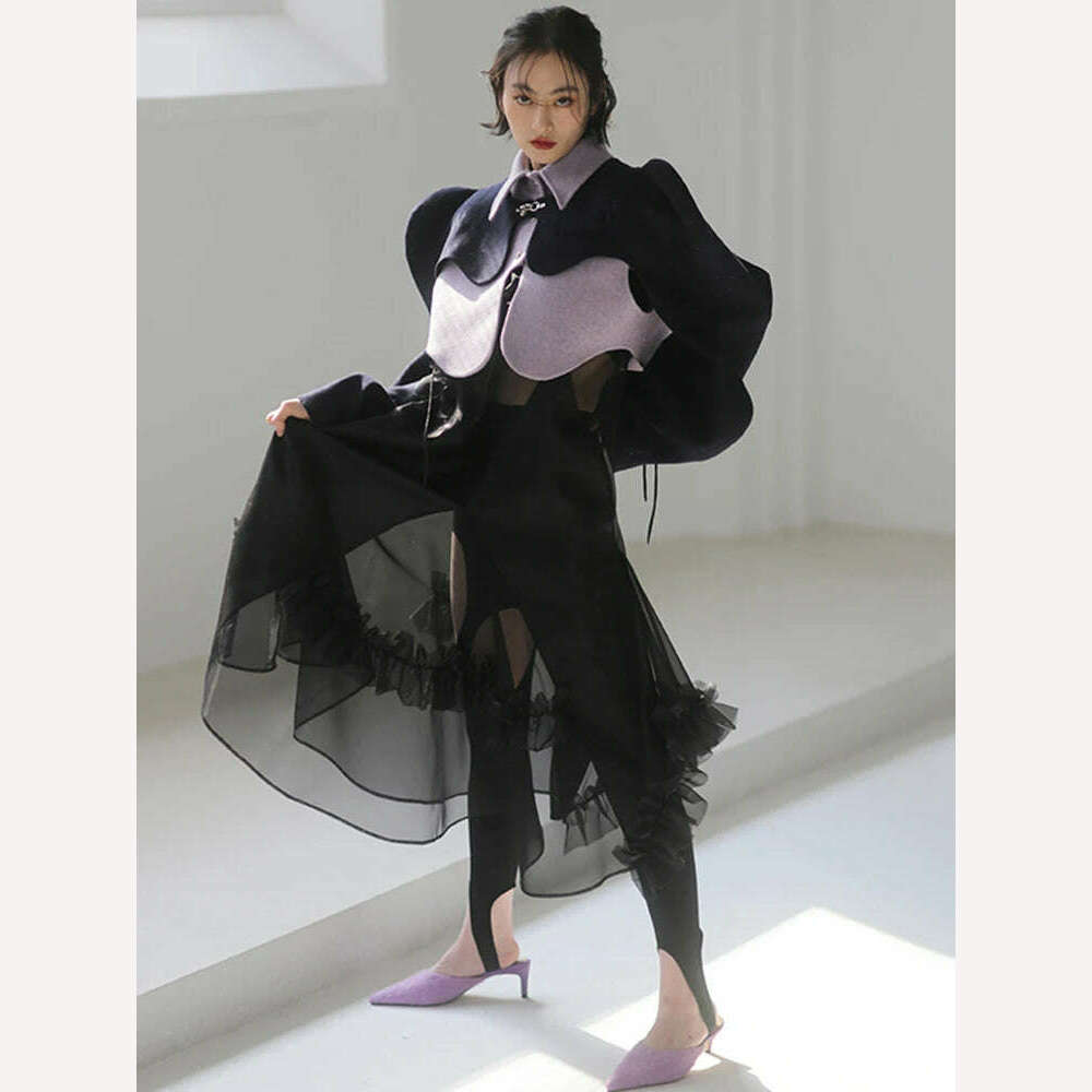 KIMLUD, [EAM] Loose Fit Purple Shaped Big Size Short Woolen Coat Parkas New Long Sleeve Women Fashion Tide Autumn Winter 2023 1DE4857, KIMLUD Womens Clothes
