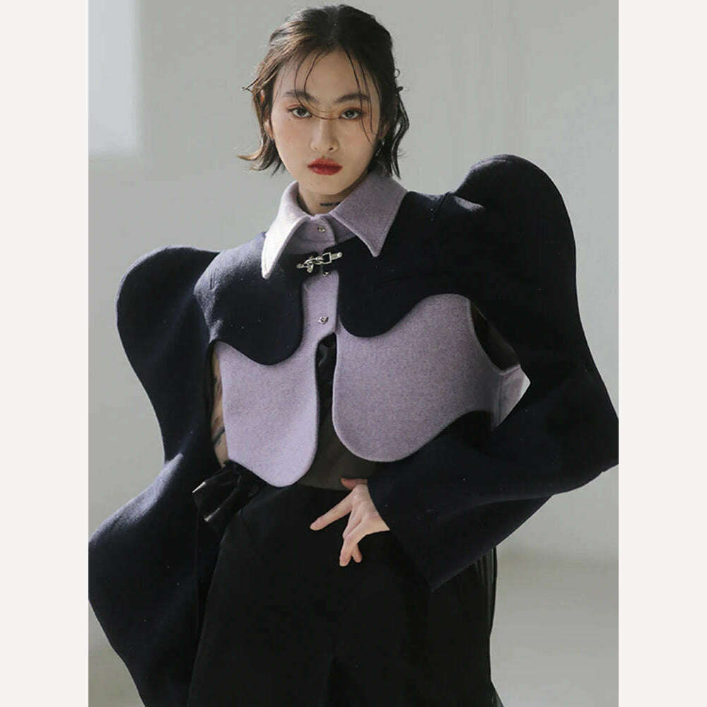 KIMLUD, [EAM] Loose Fit Purple Shaped Big Size Short Woolen Coat Parkas New Long Sleeve Women Fashion Tide Autumn Winter 2023 1DE4857, KIMLUD Womens Clothes