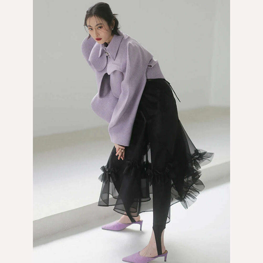 KIMLUD, [EAM] Loose Fit Purple Shaped Big Size Short Woolen Coat Parkas New Long Sleeve Women Fashion Tide Autumn Winter 2023 1DE4857, KIMLUD Womens Clothes