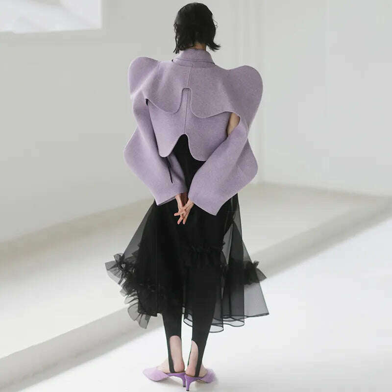 KIMLUD, [EAM] Loose Fit Purple Shaped Big Size Short Woolen Coat Parkas New Long Sleeve Women Fashion Tide Autumn Winter 2023 1DE4857, KIMLUD Womens Clothes