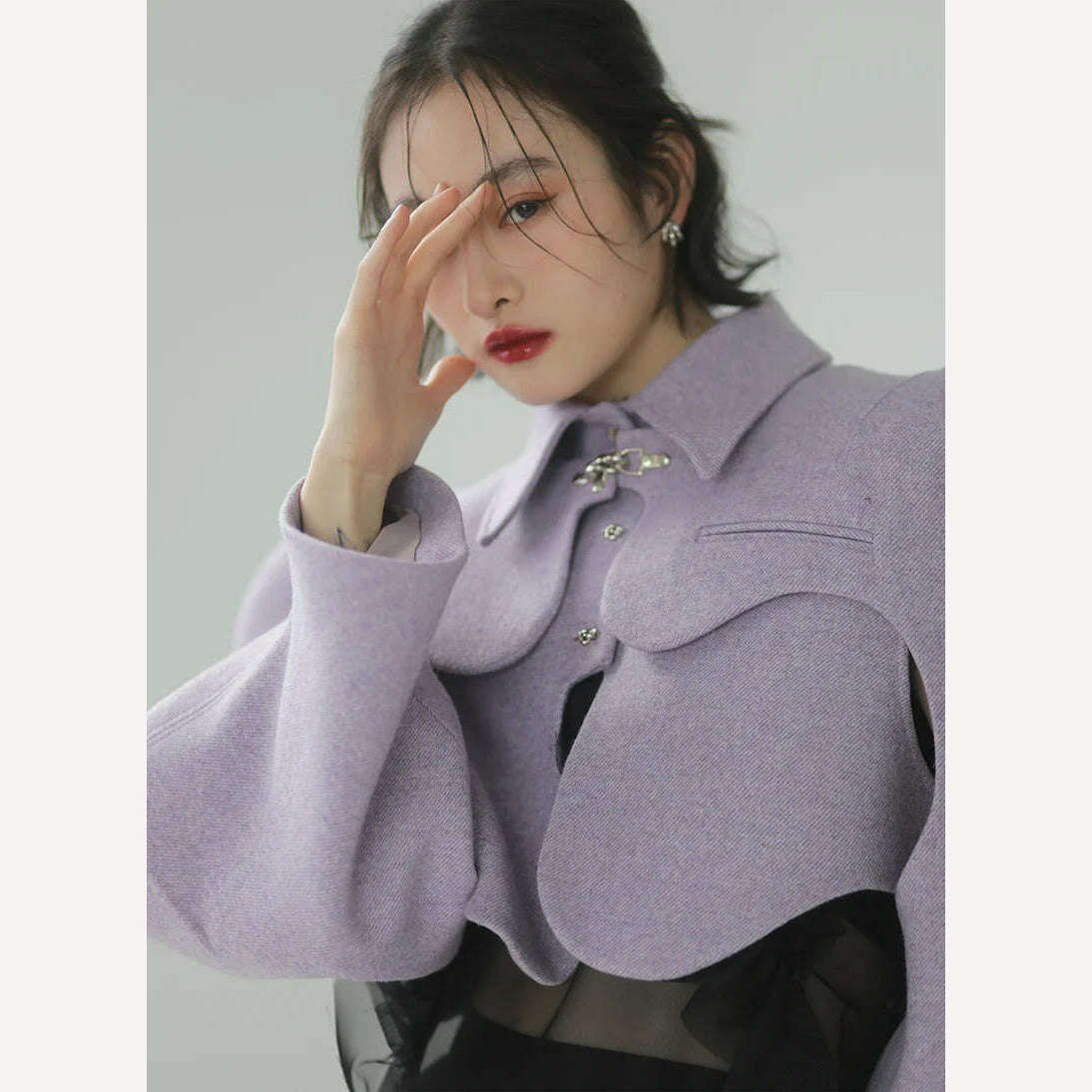KIMLUD, [EAM] Loose Fit Purple Shaped Big Size Short Woolen Coat Parkas New Long Sleeve Women Fashion Tide Autumn Winter 2023 1DE4857, KIMLUD Womens Clothes