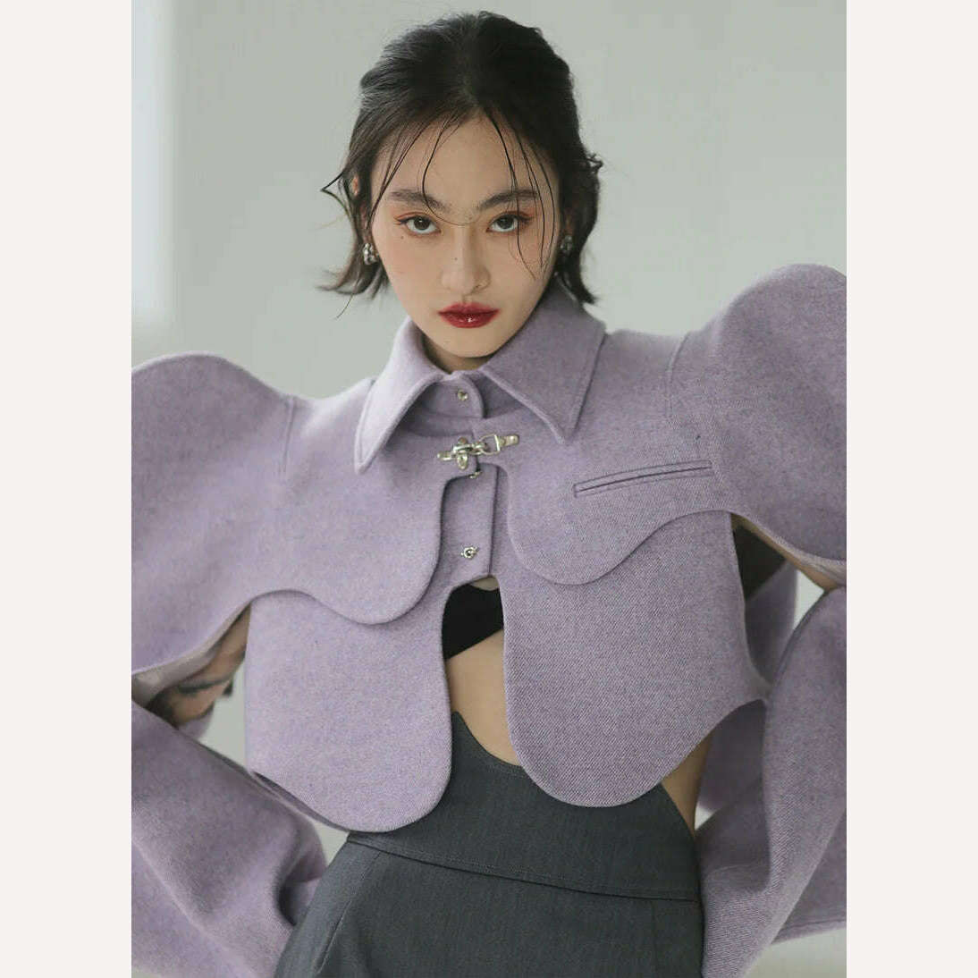 KIMLUD, [EAM] Loose Fit Purple Shaped Big Size Short Woolen Coat Parkas New Long Sleeve Women Fashion Tide Autumn Winter 2023 1DE4857, KIMLUD Womens Clothes