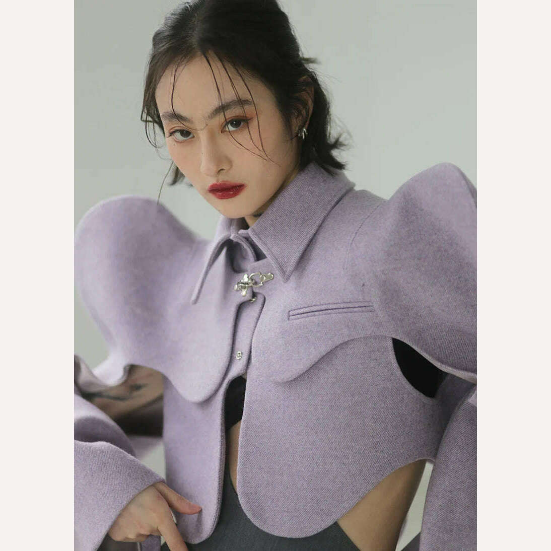 KIMLUD, [EAM] Loose Fit Purple Shaped Big Size Short Woolen Coat Parkas New Long Sleeve Women Fashion Tide Autumn Winter 2023 1DE4857, KIMLUD Womens Clothes