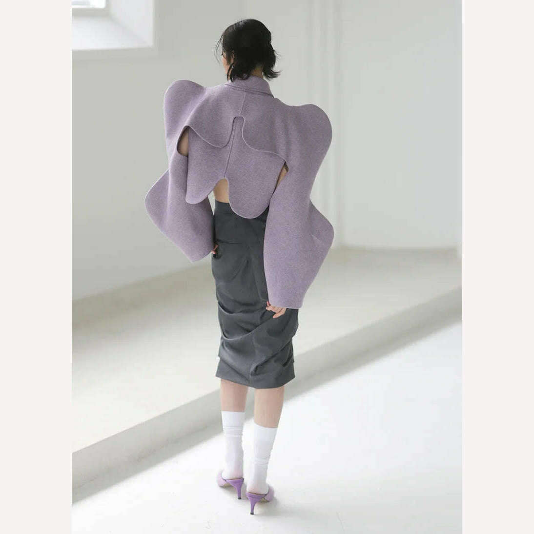 KIMLUD, [EAM] Loose Fit Purple Shaped Big Size Short Woolen Coat Parkas New Long Sleeve Women Fashion Tide Autumn Winter 2023 1DE4857, KIMLUD Womens Clothes