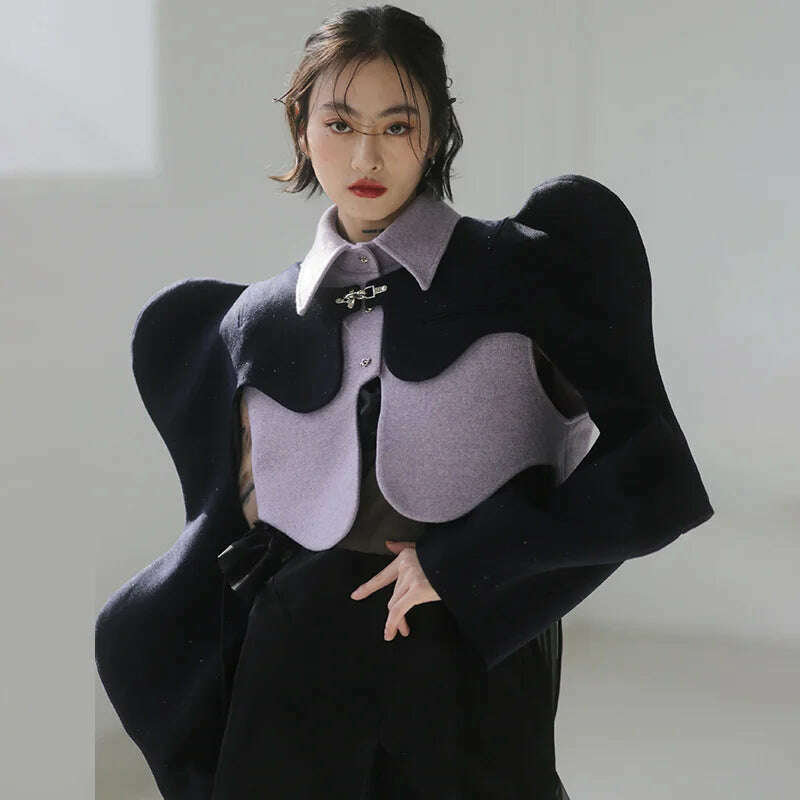 KIMLUD, [EAM] Loose Fit Purple Shaped Big Size Short Woolen Coat Parkas New Long Sleeve Women Fashion Tide Autumn Winter 2023 1DE4857, KIMLUD Womens Clothes