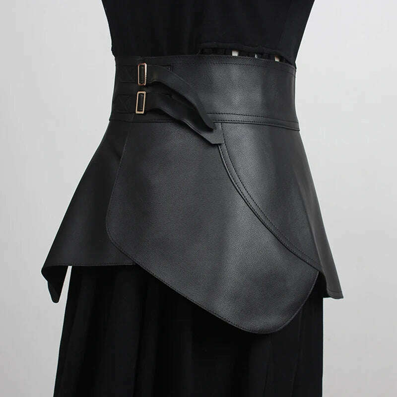 KIMLUD, [EAM]  Retro Ruffles Irregular Black Pu Leather Wide Belt Personality Women New Fashion All-match Spring Autumn 2023 1DD4844, KIMLUD Womens Clothes