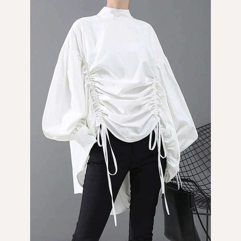 KIMLUD, [EAM] Women Back Long Drawstring Big Size Blouse New Satnd Collar Long Sleeve Loose Fit Shirt Fashion Spring Autumn 2024 1N242, white / One Size, KIMLUD Women's Clothes