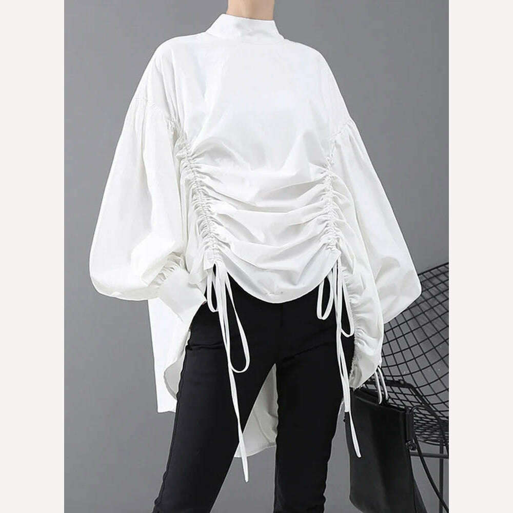 KIMLUD, [EAM] Women Back Long Drawstring Big Size Blouse New Satnd Collar Long Sleeve Loose Fit Shirt Fashion Spring Autumn 2024 1N242, white / One Size, KIMLUD APPAREL - Womens Clothes