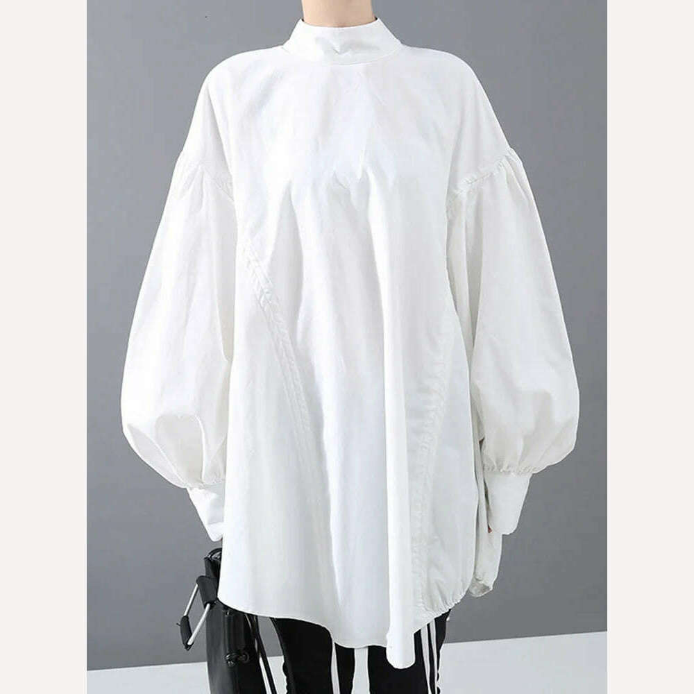 KIMLUD, [EAM] Women Back Long Drawstring Big Size Blouse New Satnd Collar Long Sleeve Loose Fit Shirt Fashion Spring Autumn 2024 1N242, KIMLUD Women's Clothes