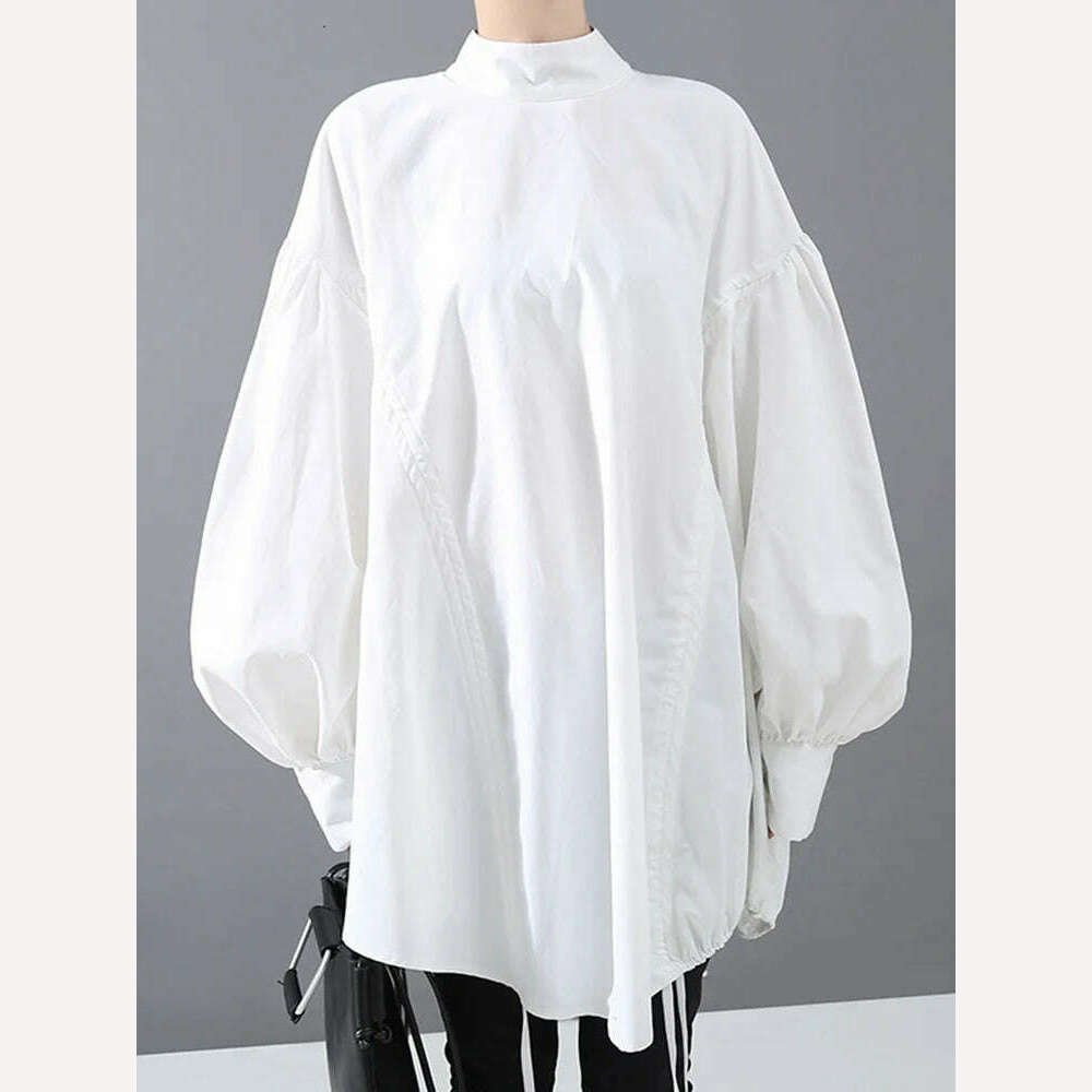 KIMLUD, [EAM] Women Back Long Drawstring Big Size Blouse New Satnd Collar Long Sleeve Loose Fit Shirt Fashion Spring Autumn 2024 1N242, KIMLUD Womens Clothes