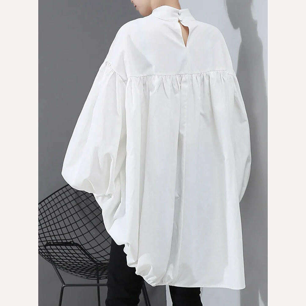 KIMLUD, [EAM] Women Back Long Drawstring Big Size Blouse New Satnd Collar Long Sleeve Loose Fit Shirt Fashion Spring Autumn 2024 1N242, KIMLUD Womens Clothes