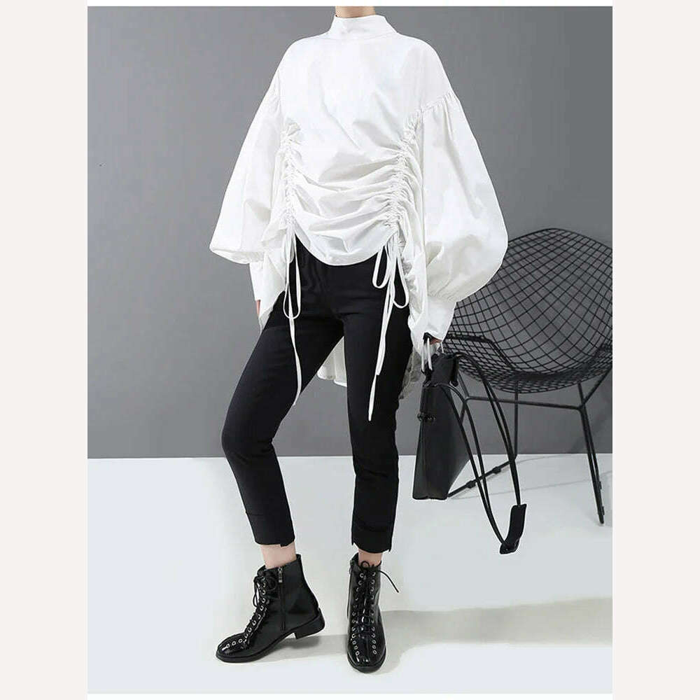 KIMLUD, [EAM] Women Back Long Drawstring Big Size Blouse New Satnd Collar Long Sleeve Loose Fit Shirt Fashion Spring Autumn 2024 1N242, KIMLUD Womens Clothes