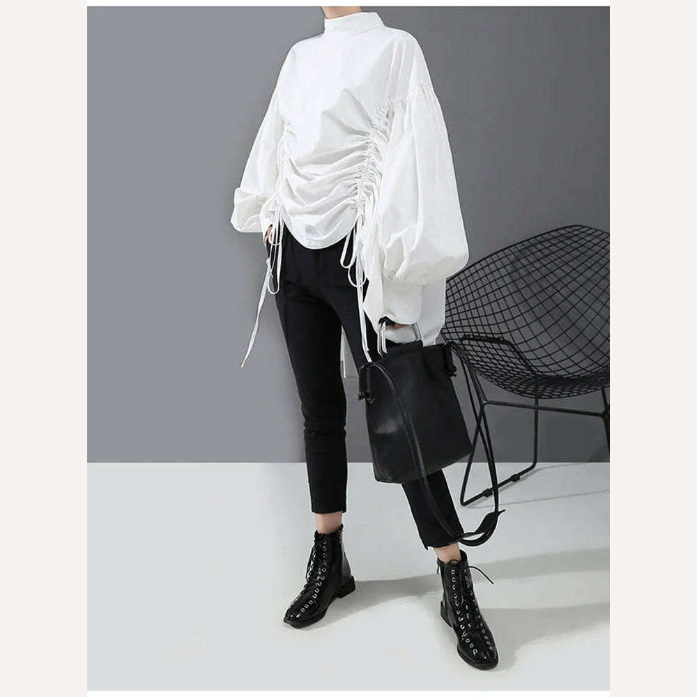 KIMLUD, [EAM] Women Back Long Drawstring Big Size Blouse New Satnd Collar Long Sleeve Loose Fit Shirt Fashion Spring Autumn 2024 1N242, KIMLUD Womens Clothes